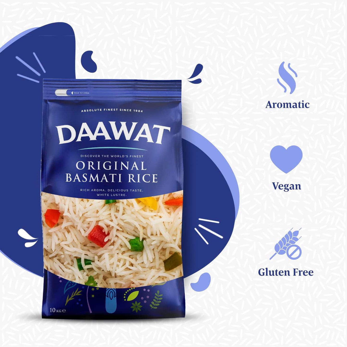 Daawat Original Basmati Rice with Rice Aroma, Delicious Taste, White Lustre,Perfectly Aged, Aromatic & Textural Grain, Rich Flavour with Sweet Taste, Ideal for all types of Dishes (10 KG)
