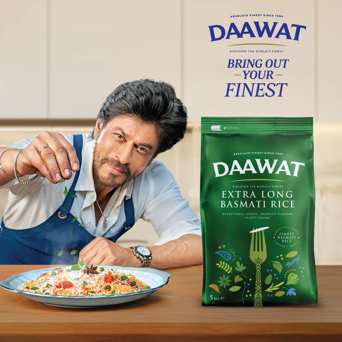 Daawat Extra Long Basmati Rice with Exceptional Length, Aromatic Flavour, Fluffy Grains, Elongates up to 24mm when Cooked, Non-Sticky and Ideal for all types of Dishes - 5Kg