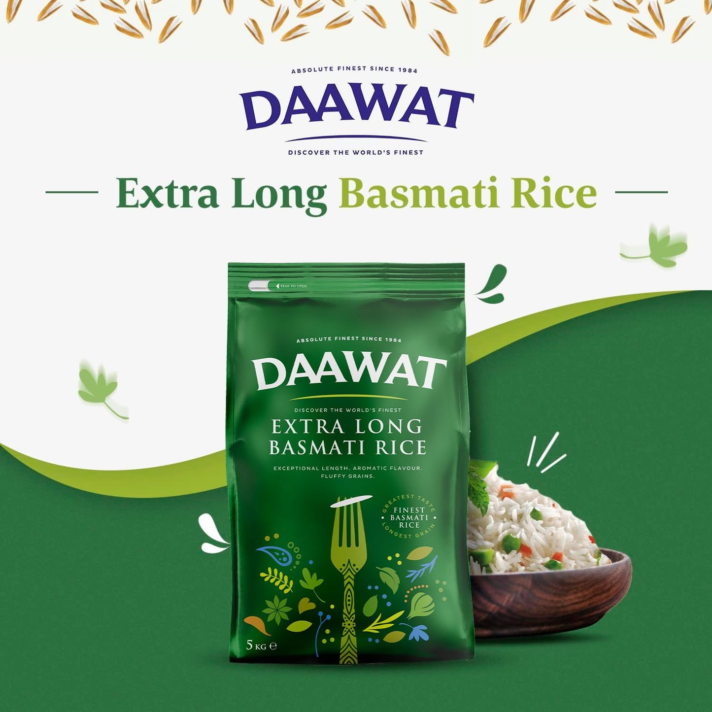 Daawat Extra Long Basmati Rice with Exceptional Length, Aromatic Flavour, Fluffy Grains, Elongates up to 24mm when Cooked, Non-Sticky and Ideal for all types of Dishes - 5Kg