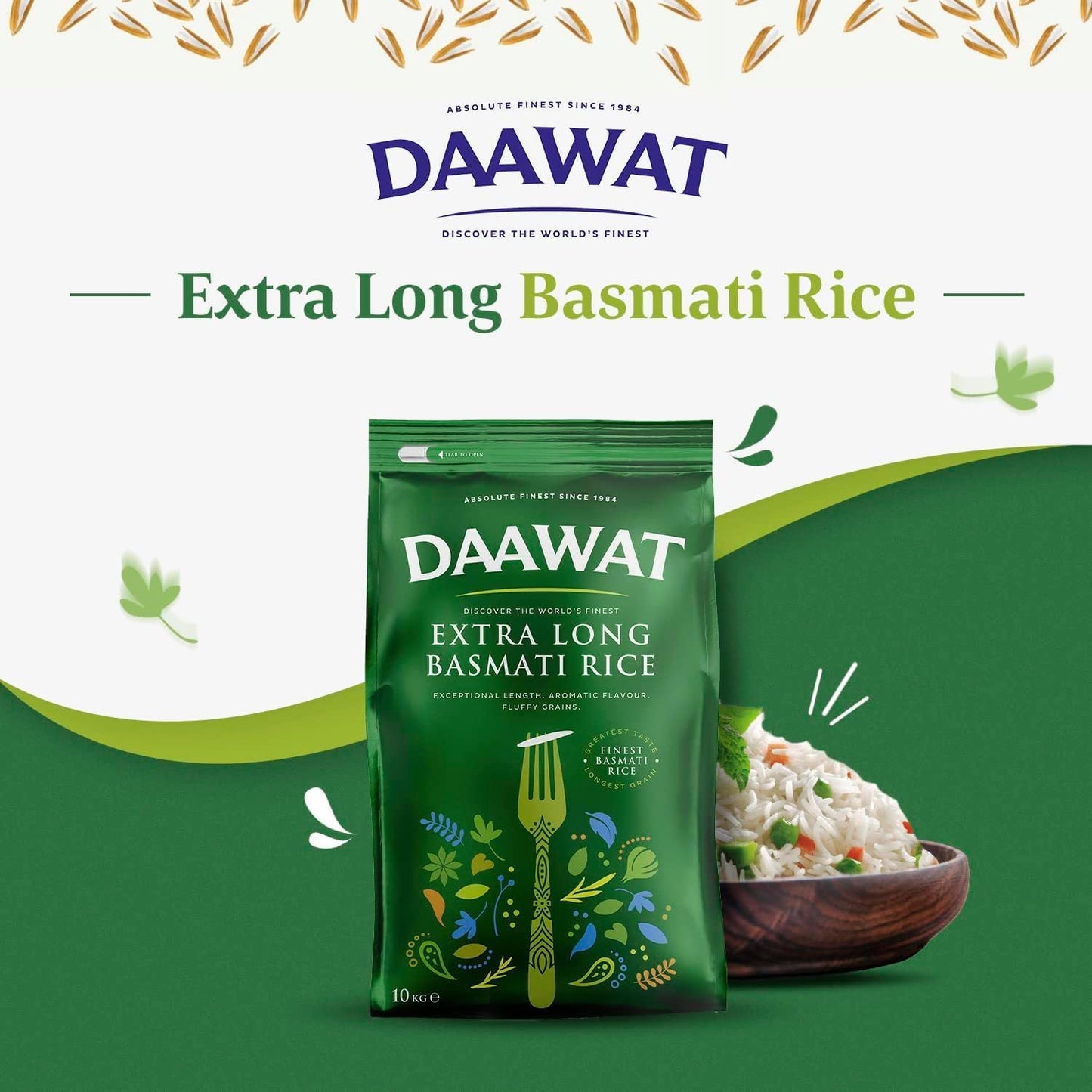 Daawat Extra Long Basmati Rice with Exceptional Length, Aromatic Flavour, Fluffy Grains, Elongates up to 24mm when Cooked, Non-Sticky and Ideal for all types of Dishes - 10Kg