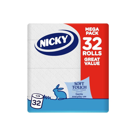 Nicky Soft Touch Toilet Tissue |Extra Value Pack – 32 Rolls of Extra Gentle White Toilet Paper |190 Sheets per Roll| 2-ply | Soft Tissue | Modern Embossing |Easy Opening | 100% FSC Certified Paper