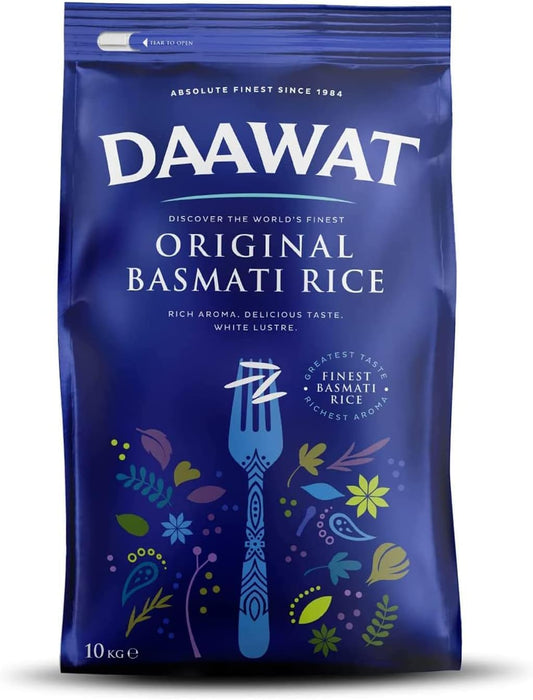 Daawat Original Basmati Rice with Rice Aroma, Delicious Taste, White Lustre,Perfectly Aged, Aromatic & Textural Grain, Rich Flavour with Sweet Taste, Ideal for all types of Dishes (10 KG)