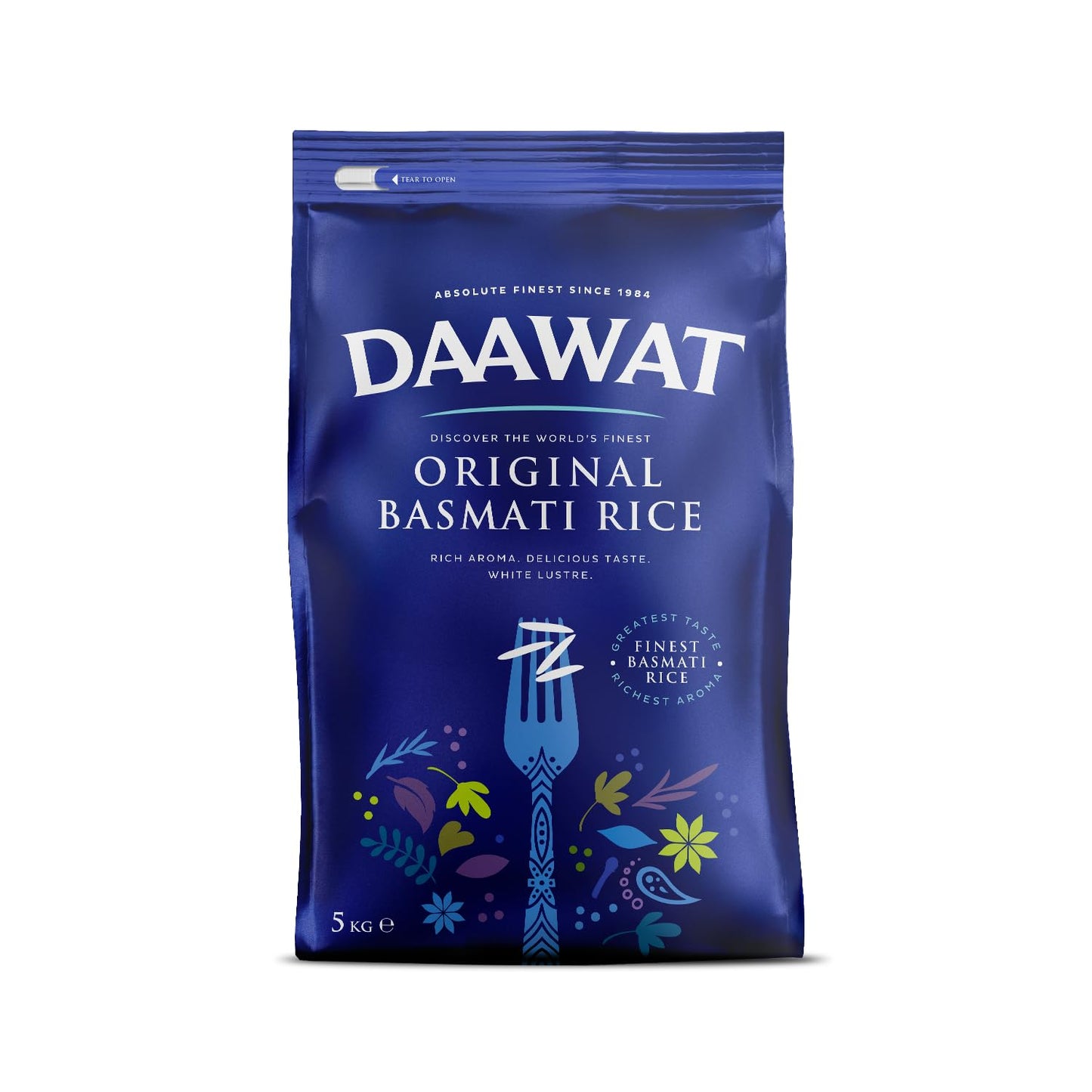 Daawat Original Basmati Rice with Rice Aroma, Delicious Taste, White Lustre,Perfectly Aged, Aromatic & Textural Grain, Rich Flavour with Sweet Taste, Ideal for all types of Dishes - 5Kg
