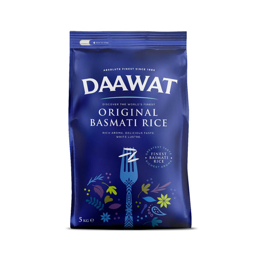 Daawat Original Basmati Rice with Rice Aroma, Delicious Taste, White Lustre,Perfectly Aged, Aromatic & Textural Grain, Rich Flavour with Sweet Taste, Ideal for all types of Dishes - 5Kg