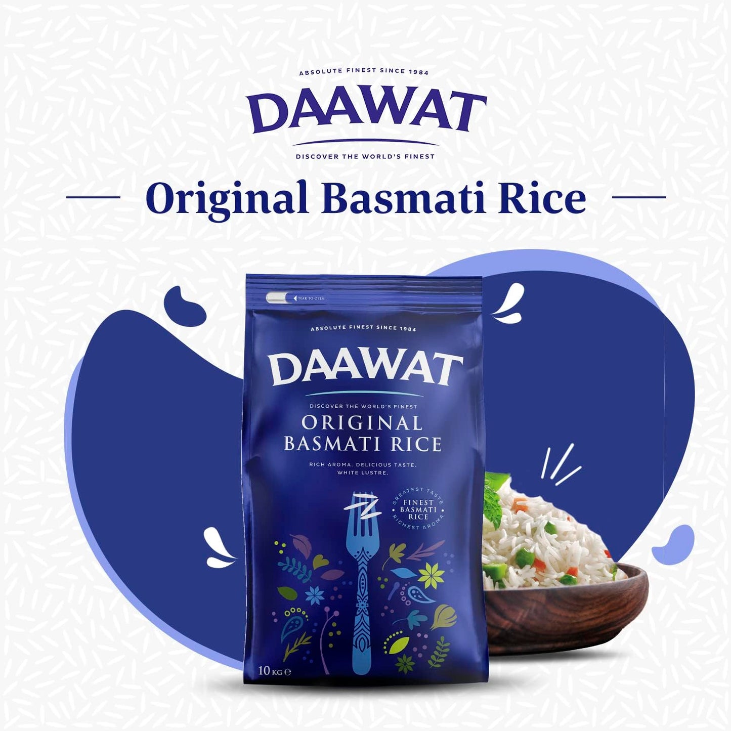 Daawat Original Basmati Rice with Rice Aroma, Delicious Taste, White Lustre,Perfectly Aged, Aromatic & Textural Grain, Rich Flavour with Sweet Taste, Ideal for all types of Dishes (10 KG)