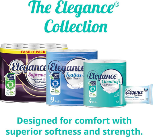 Elegance Cloud Soft Toilet Roll - Bulk Buy Pack of 54 Rolls - Soft, 2-Ply, Recycled, Eco-Friendly, UK Manufactured