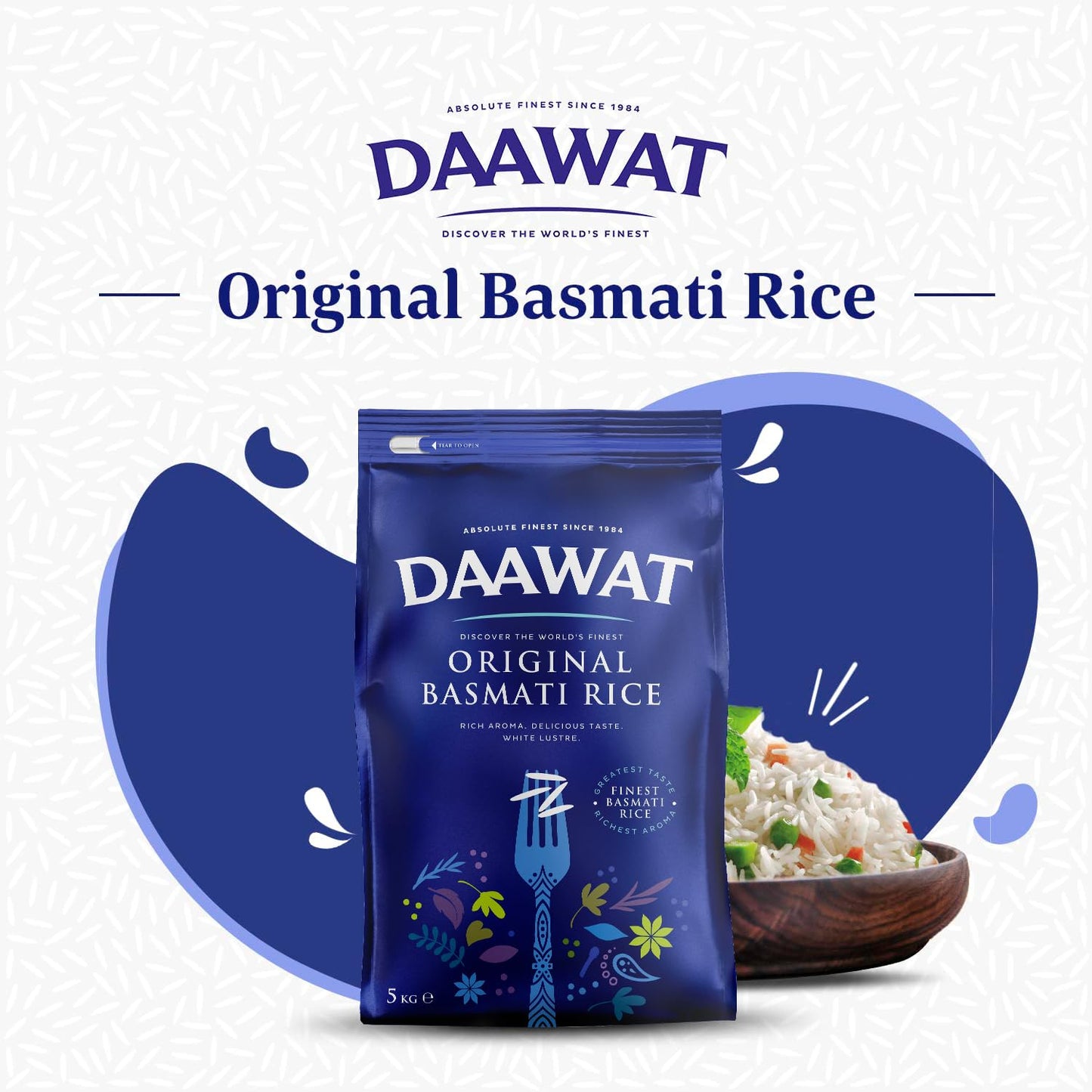 Daawat Original Basmati Rice with Rice Aroma, Delicious Taste, White Lustre,Perfectly Aged, Aromatic & Textural Grain, Rich Flavour with Sweet Taste, Ideal for all types of Dishes - 5Kg