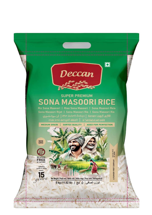 Deccan Sona Masoori Rice 5kg | Premium Quality Short-Grain Rice | Light, Aromatic & Fluffy | Ideal for Daily Meals, South Indian Cuisine, Idli & Pongal | Naturally Processed (Pack of 1)