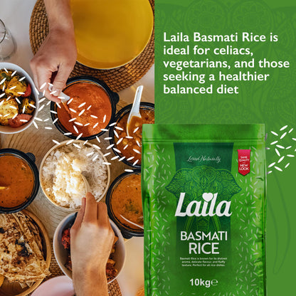 Laila Basmati Rice 10Kg, Aromatic Rice Basmati-Style, 10kg Basmati Rice Long Grain for Biryani, Pilaf or Pulao, Gluten Free Rice, 100% Pure Long Grain Rice